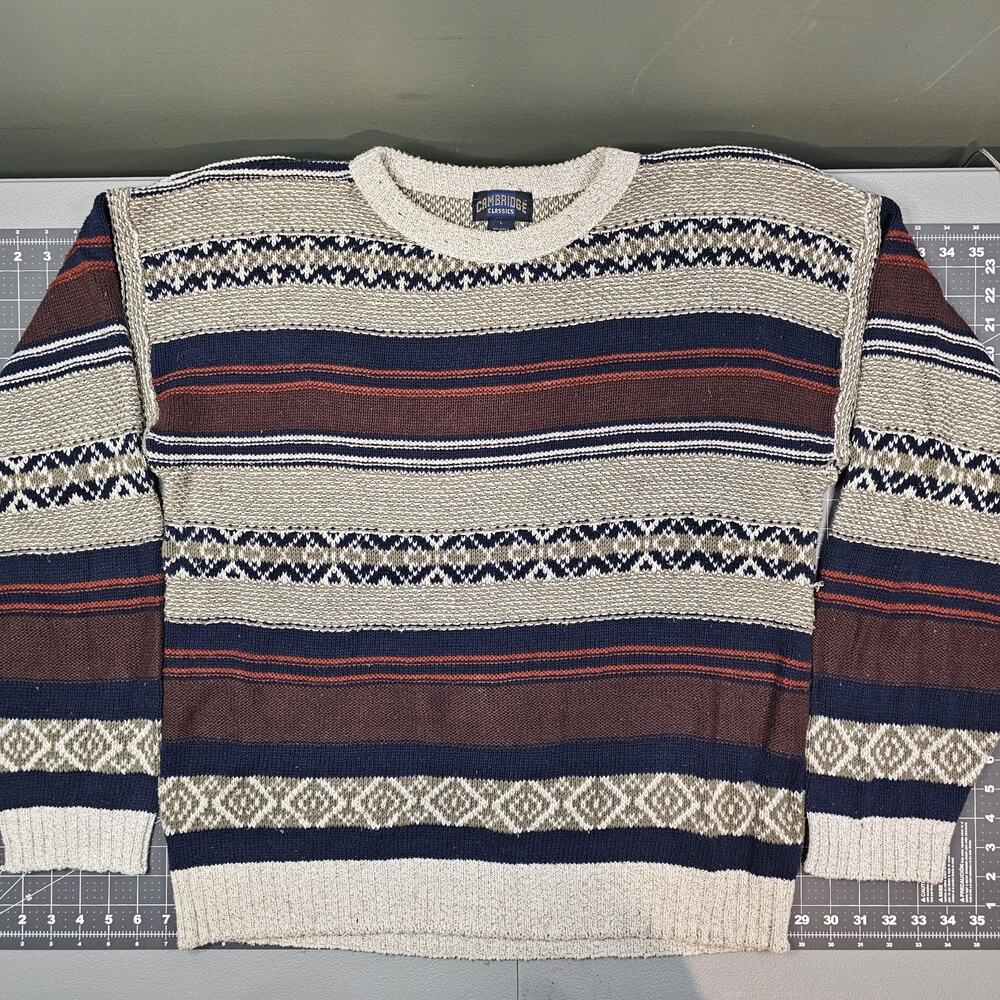 Vintage Cambridge Classics Sweater Mens Large Geometric Striped 90s USA Made